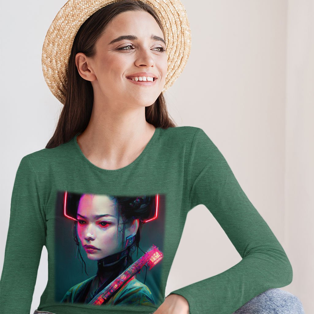 Neon Samurai Long Sleeve T-Shirt - Printed T-Shirt - Fantasy Long Sleeve Tee Shirt