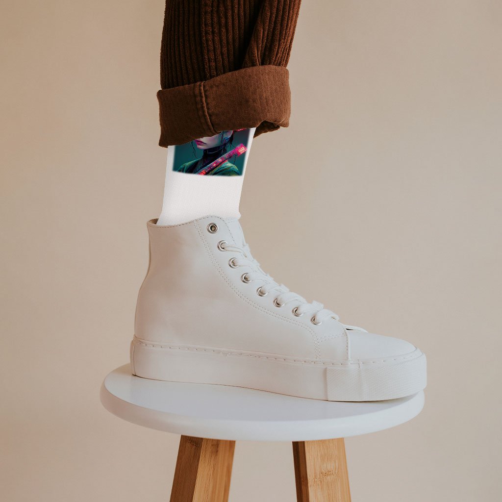 Neon Samurai Socks - Printed Novelty Socks - Fantasy Crew Socks