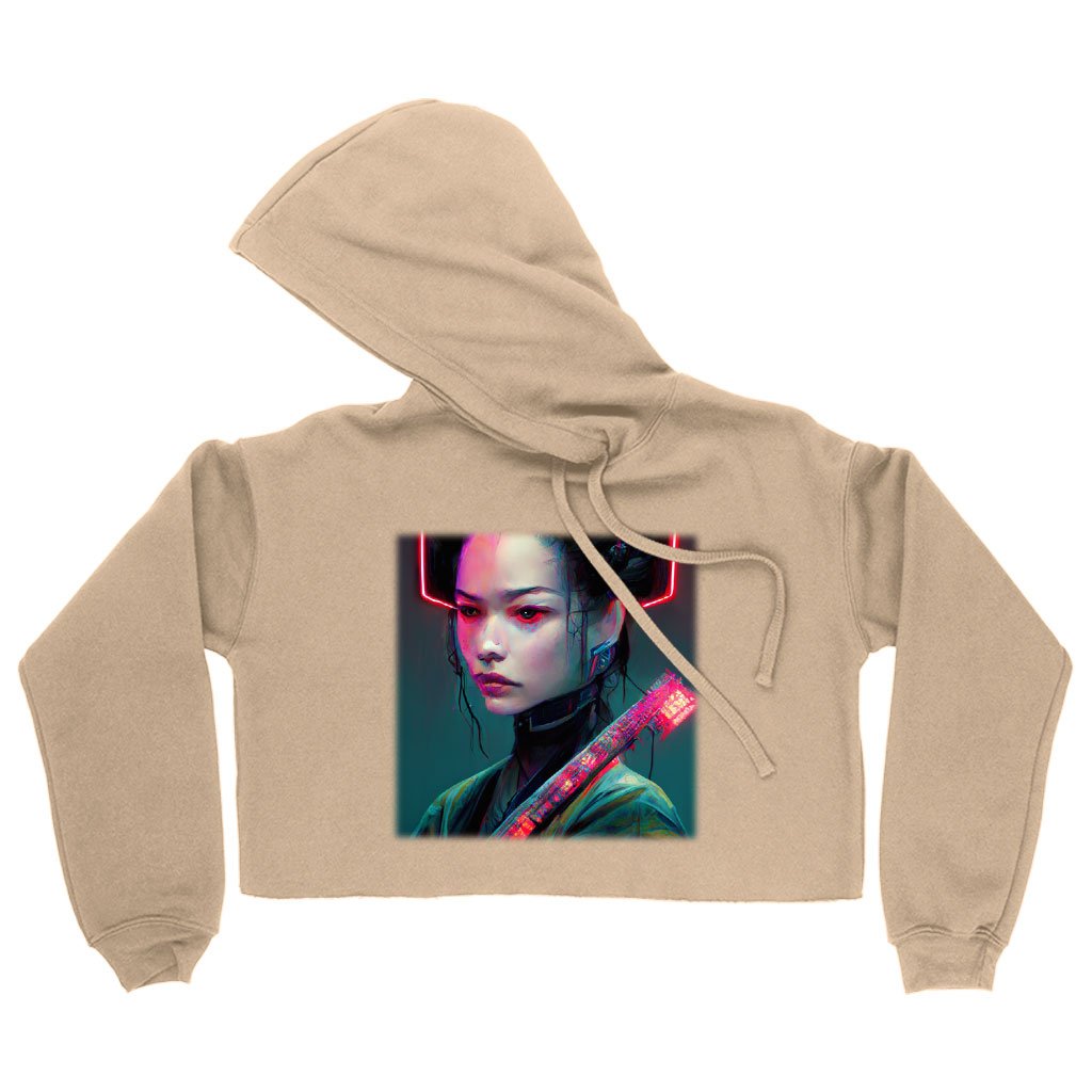 Neon Samurai Women's Cropped Fleece Hoodie - Printed Cropped Hoodie for Women - Fantasy Hooded Sweatshirt