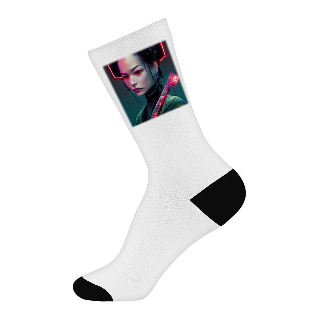Neon Samurai Socks - Printed Novelty Socks - Fantasy Crew Socks