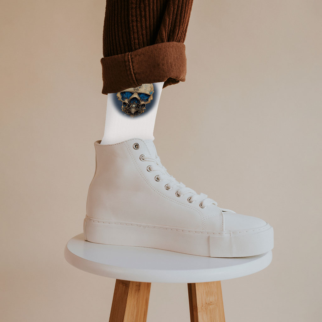Skull Concept Drawing Socks – Printed Novelty Socks – Skull Print Crew Socks
