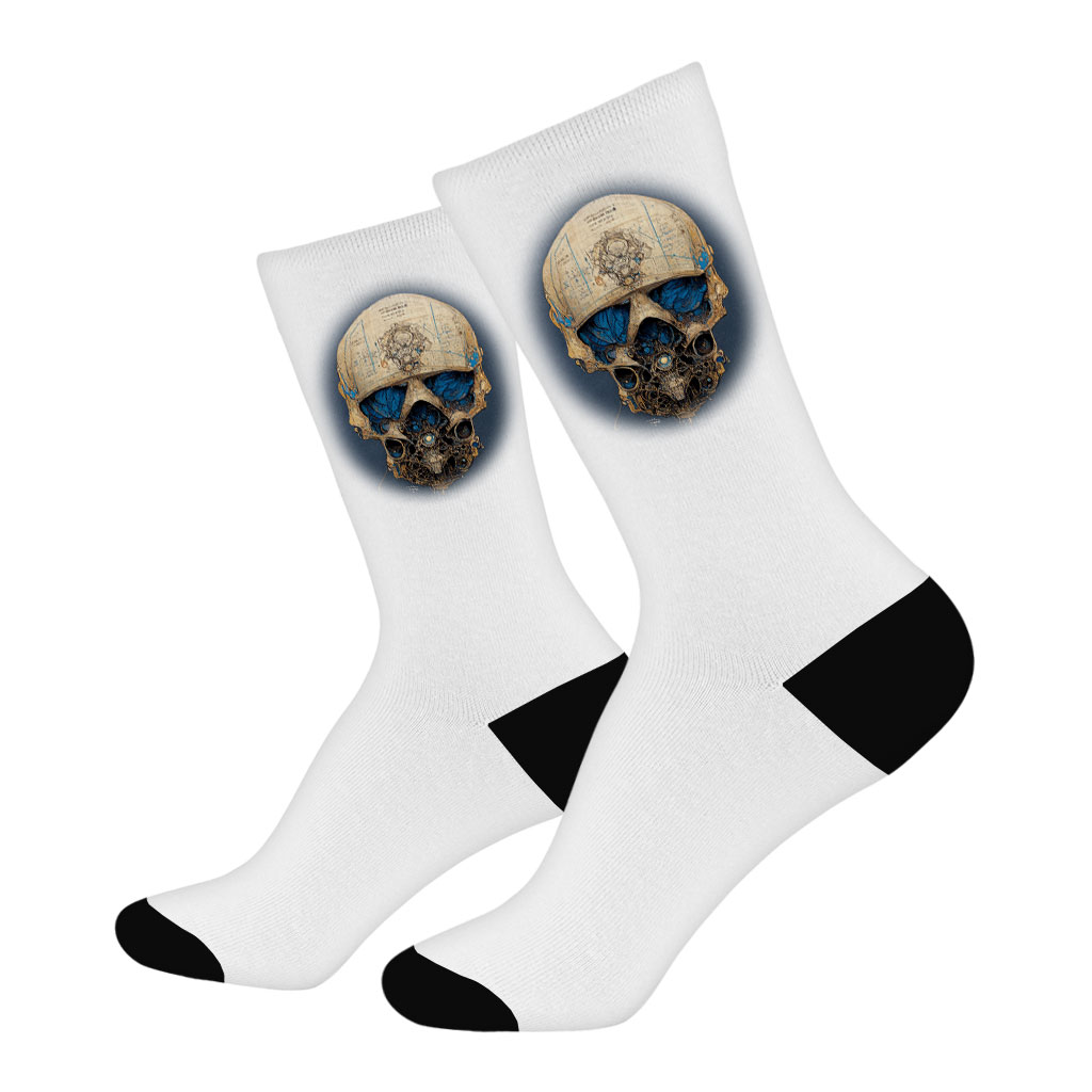 Skull Concept Drawing Socks – Printed Novelty Socks – Skull Print Crew Socks