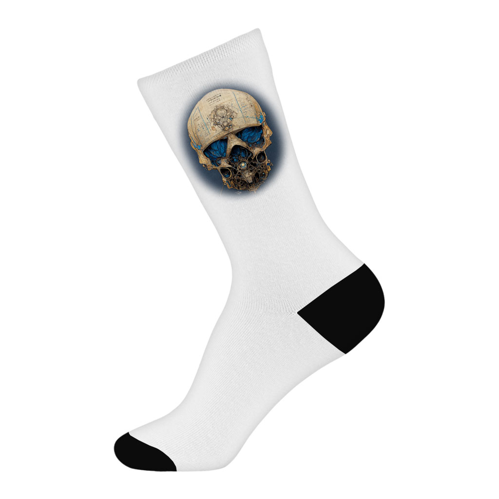 Skull Concept Drawing Socks – Printed Novelty Socks – Skull Print Crew Socks