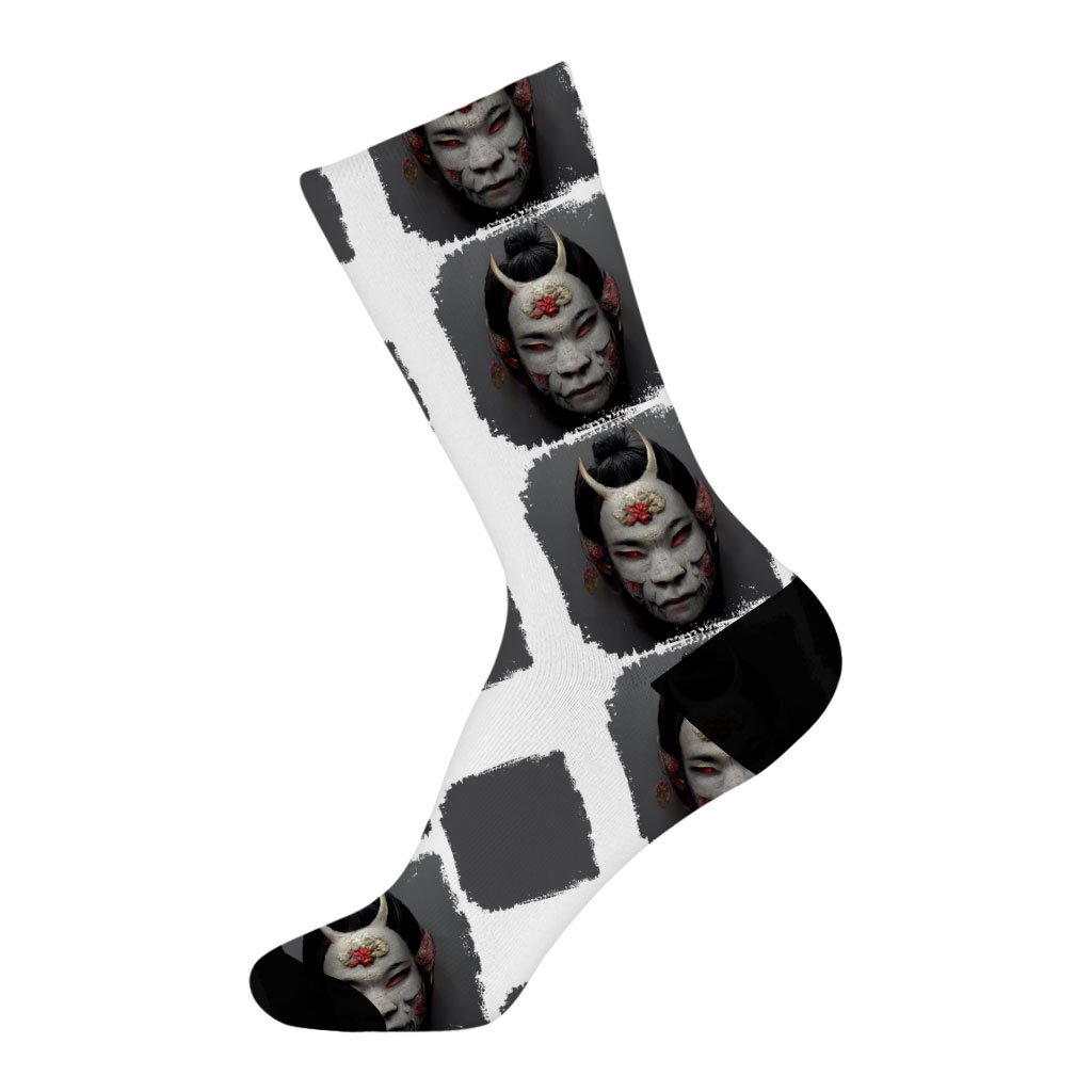 Demon Mask Japanese Girl Socks – Hannya Novelty Socks – Mythology Crew Socks