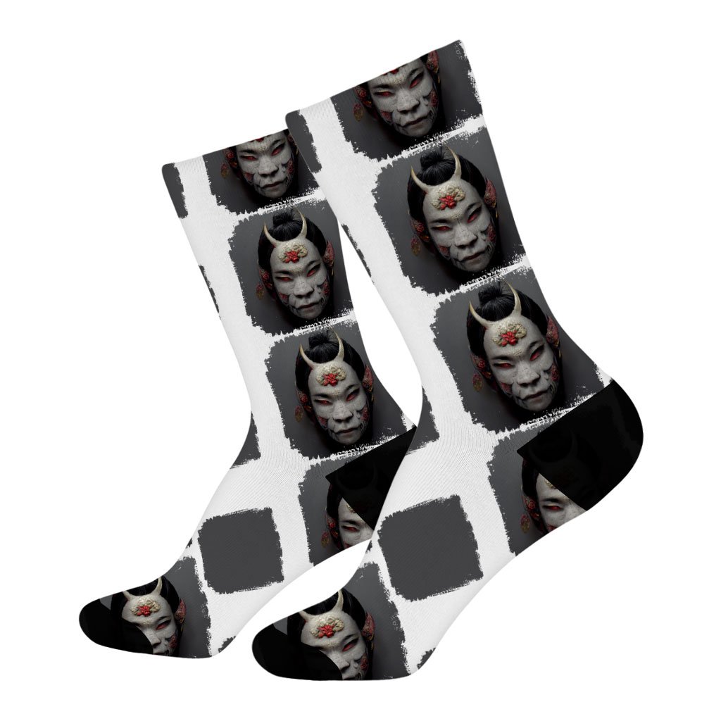 Demon Mask Japanese Girl Socks – Hannya Novelty Socks – Mythology Crew Socks