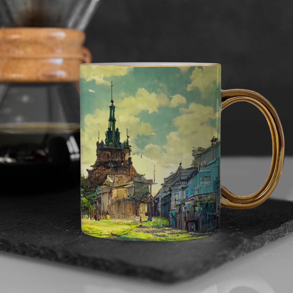 Anime City Background Art Mug – Painting Gold Rim and Handle Mug – Graphic Mug