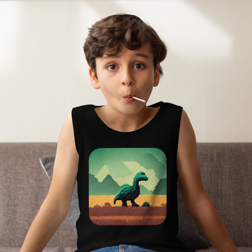 Cute Dino Kids’ Jersey Tank – Pixel Sleeveless T-Shirt – Printed Kids’ Tank Top
