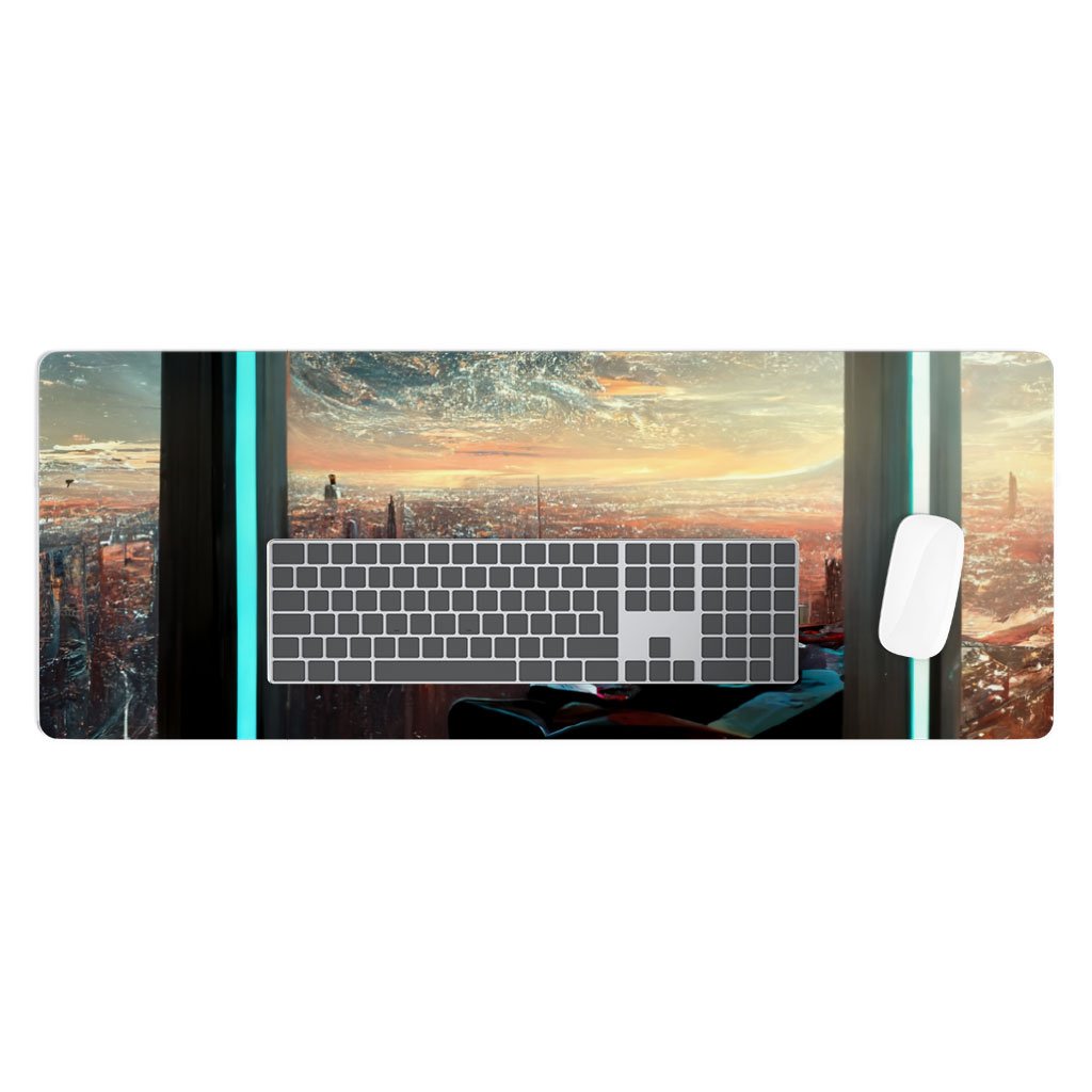 Futuristic City Art Desk Mat – Space City Desk Pad – Cityscape Laptop Desk Mat