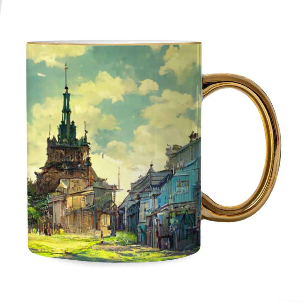 Anime City Background Art Mug – Painting Gold Rim and Handle Mug – Graphic Mug