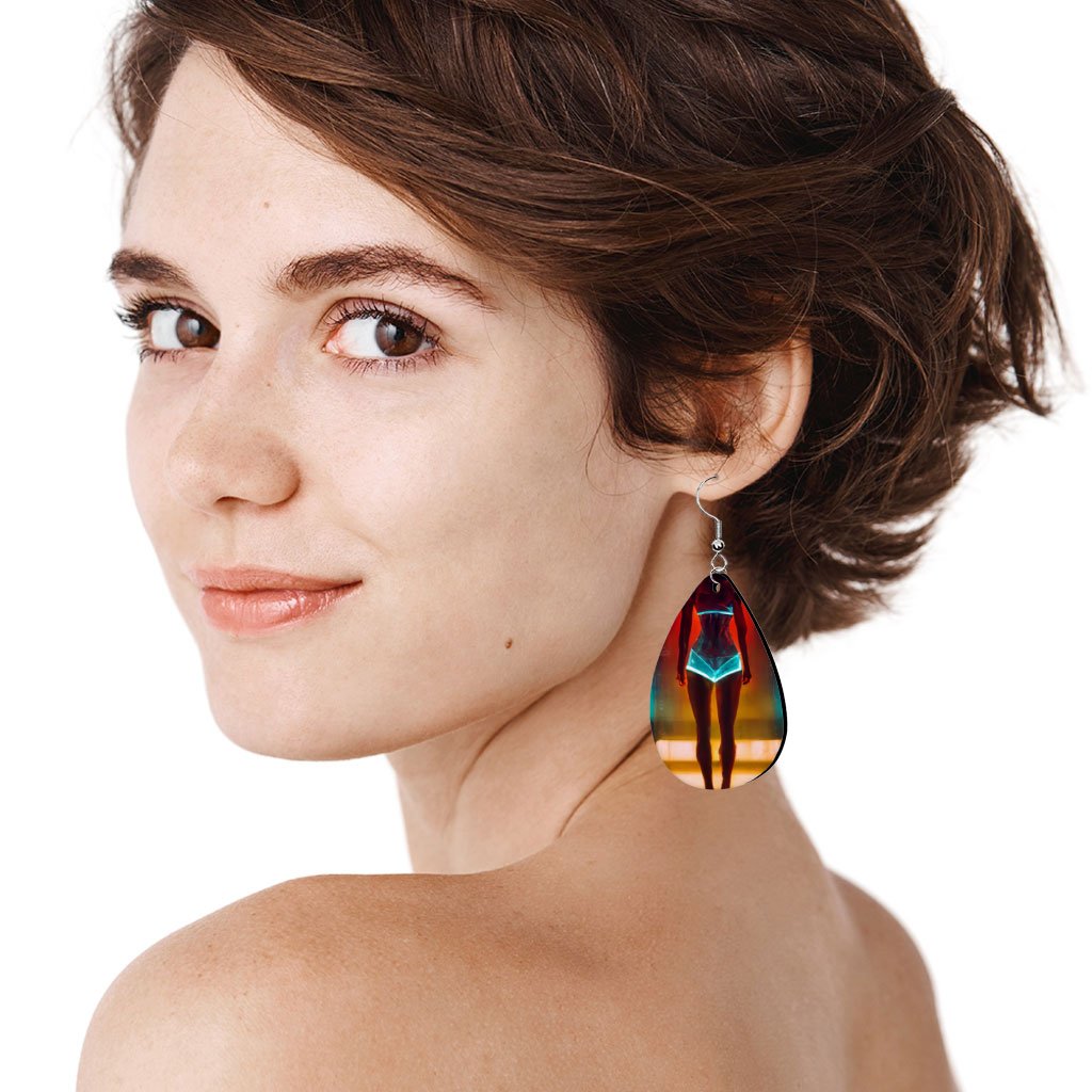 Fashion Model Woman In Neon Light Earrings – Futuristic Earrings – Neon Earrings