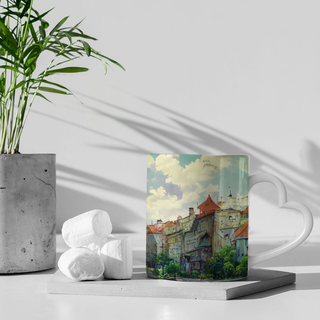 City Landscape Cartoon Art Mug with Heart Handle – Anime Ceramic Mug