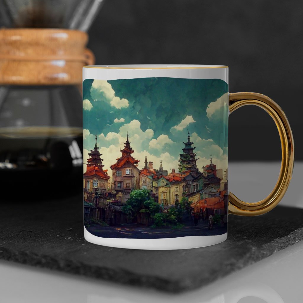 Anime City Art Mug – Nature Gold Rim and Handle Mug – Cartoon Mug