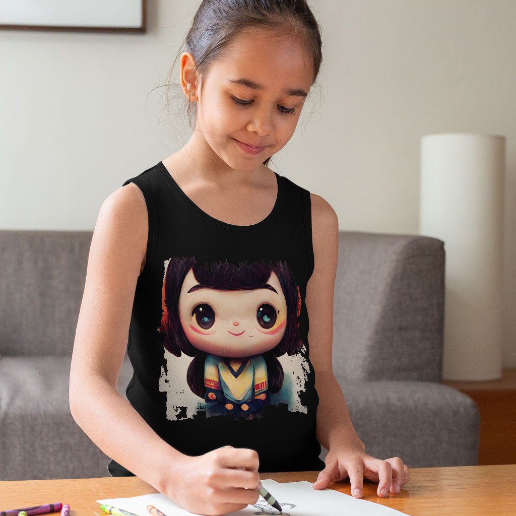 Anime Girl Smiling Kids’ Jersey Tank – Anime Print Sleeveless T-Shirt