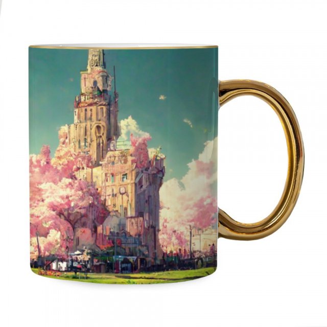 Anime City Scenery Art Mug – Nature Gold Rim and Handle Mug – Landscape Mug