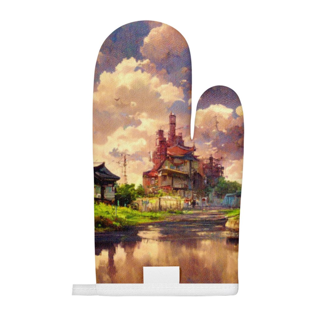 Anime City Skyline Art Oven Mitt – Painting Oven Glove – Graphic Cooking Gloves