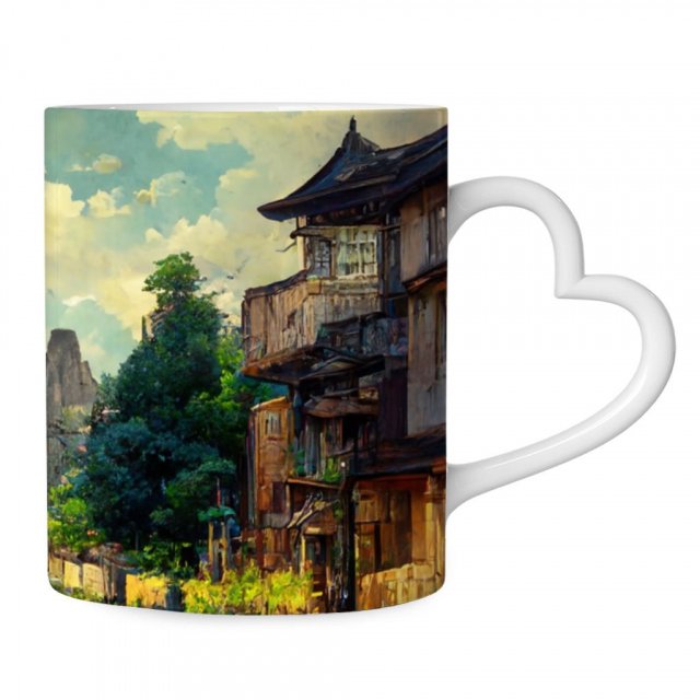 Anime City Digital Art Mug with Heart Handle – Cartoon Mug – Printed Ceramic Mug