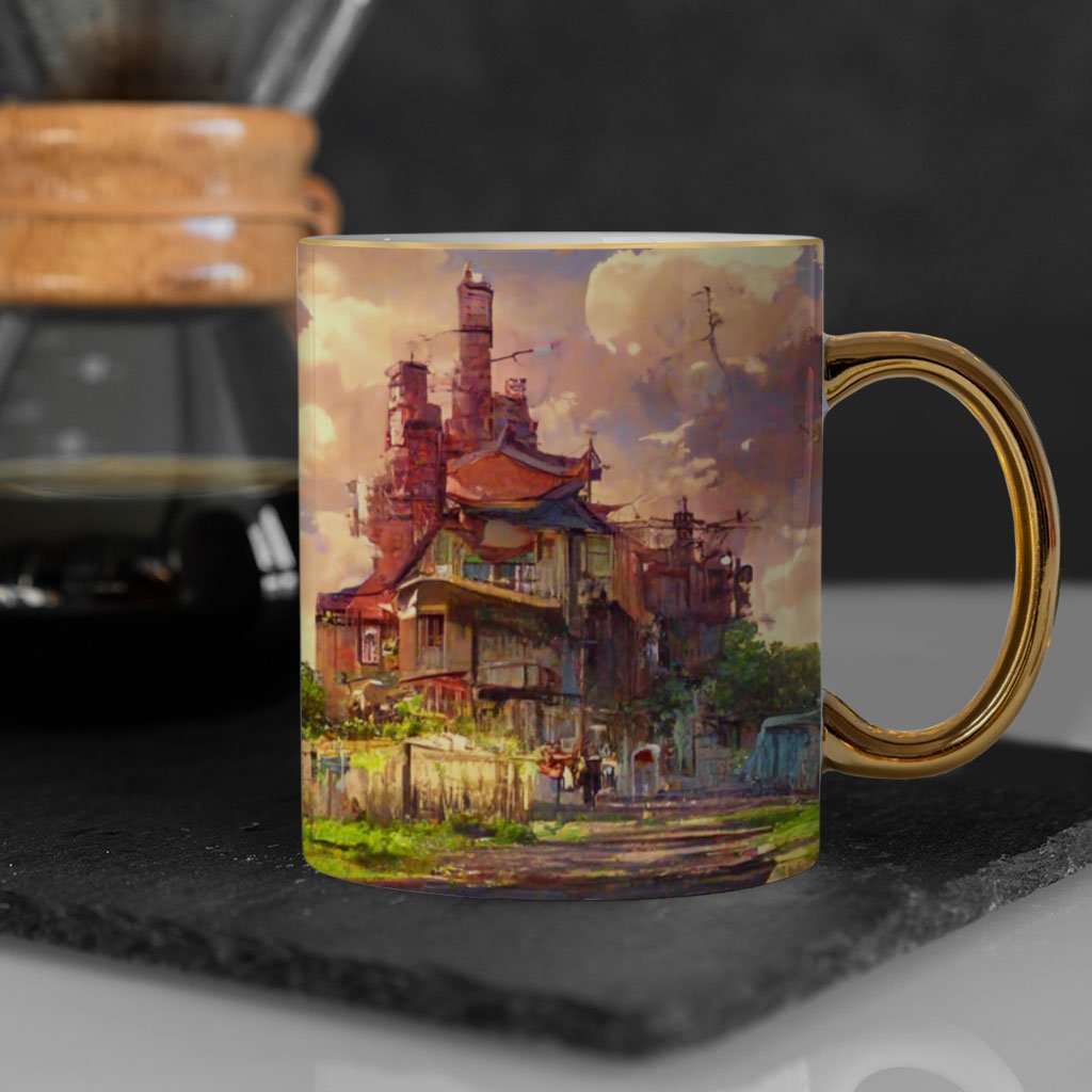 Anime City Skyline Art Mug – Painting Gold Rim and Handle Mug – Graphic Mug