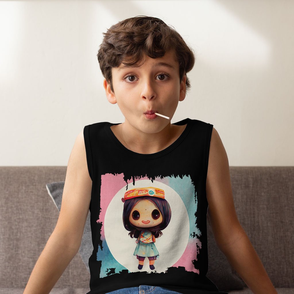 Kawaii Baby Girl Kids’ Jersey Tank – Anime Style Sleeveless T-Shirt