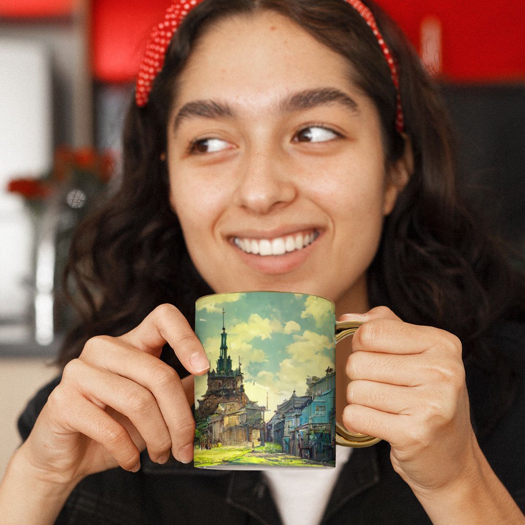 Anime City Background Art Mug – Painting Gold Rim and Handle Mug – Graphic Mug