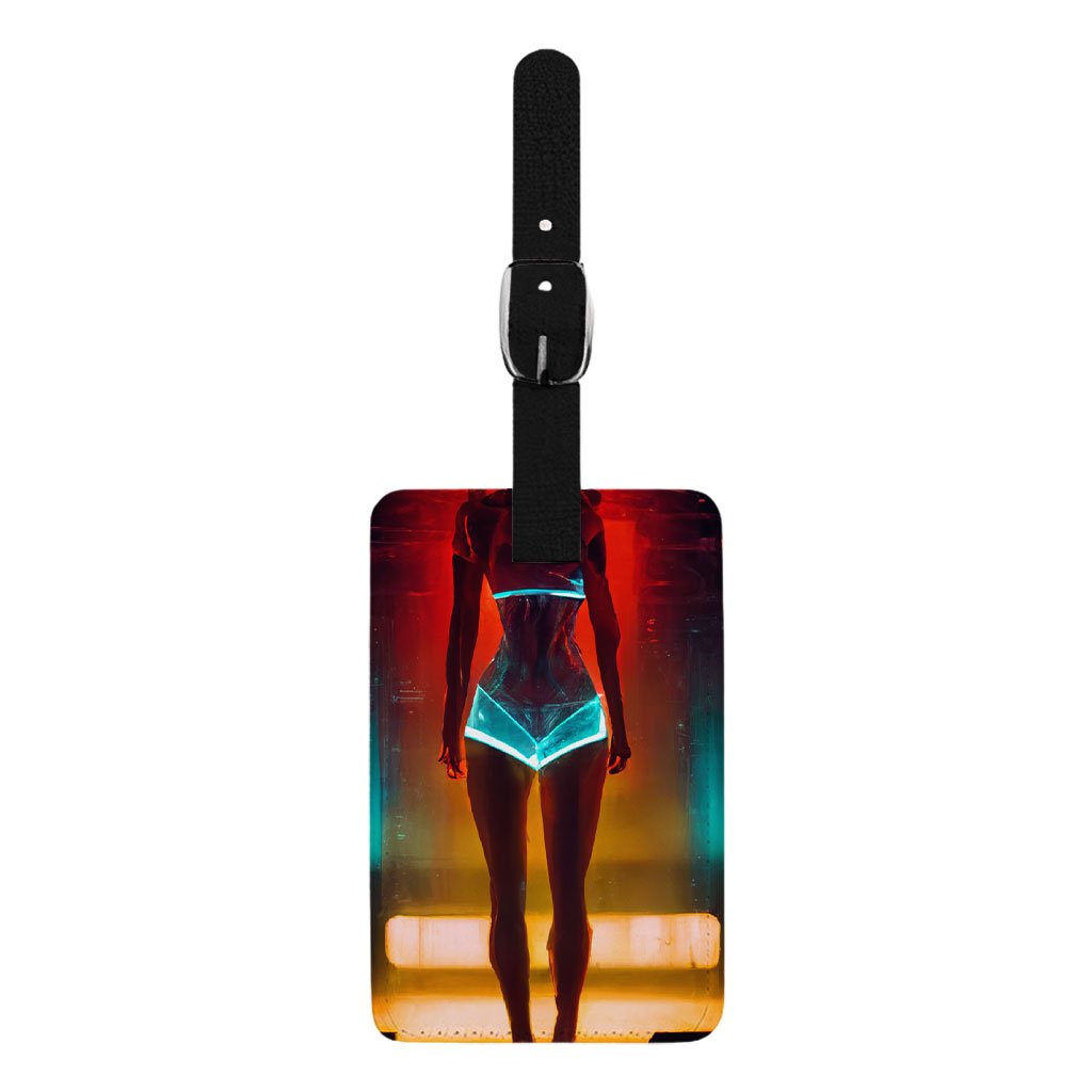 Fashion Model Woman In Neon Light Luggage – Futuristic Travel Bag – Neon Luggage