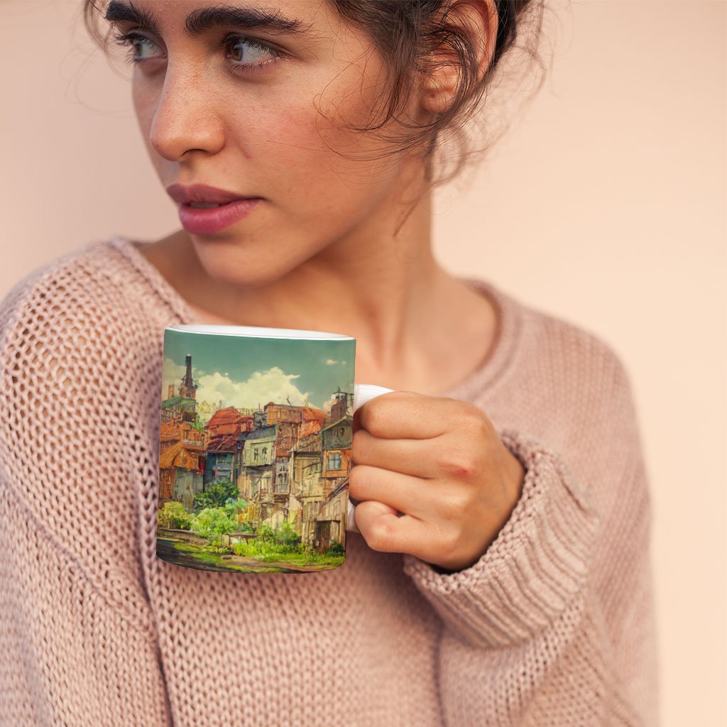 City Pop Anime Print Mug with Heart Handle – Art Mug – Printed Ceramic Mug