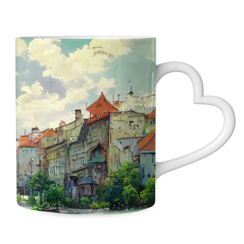 City Landscape Cartoon Art Mug with Heart Handle – Anime Ceramic Mug