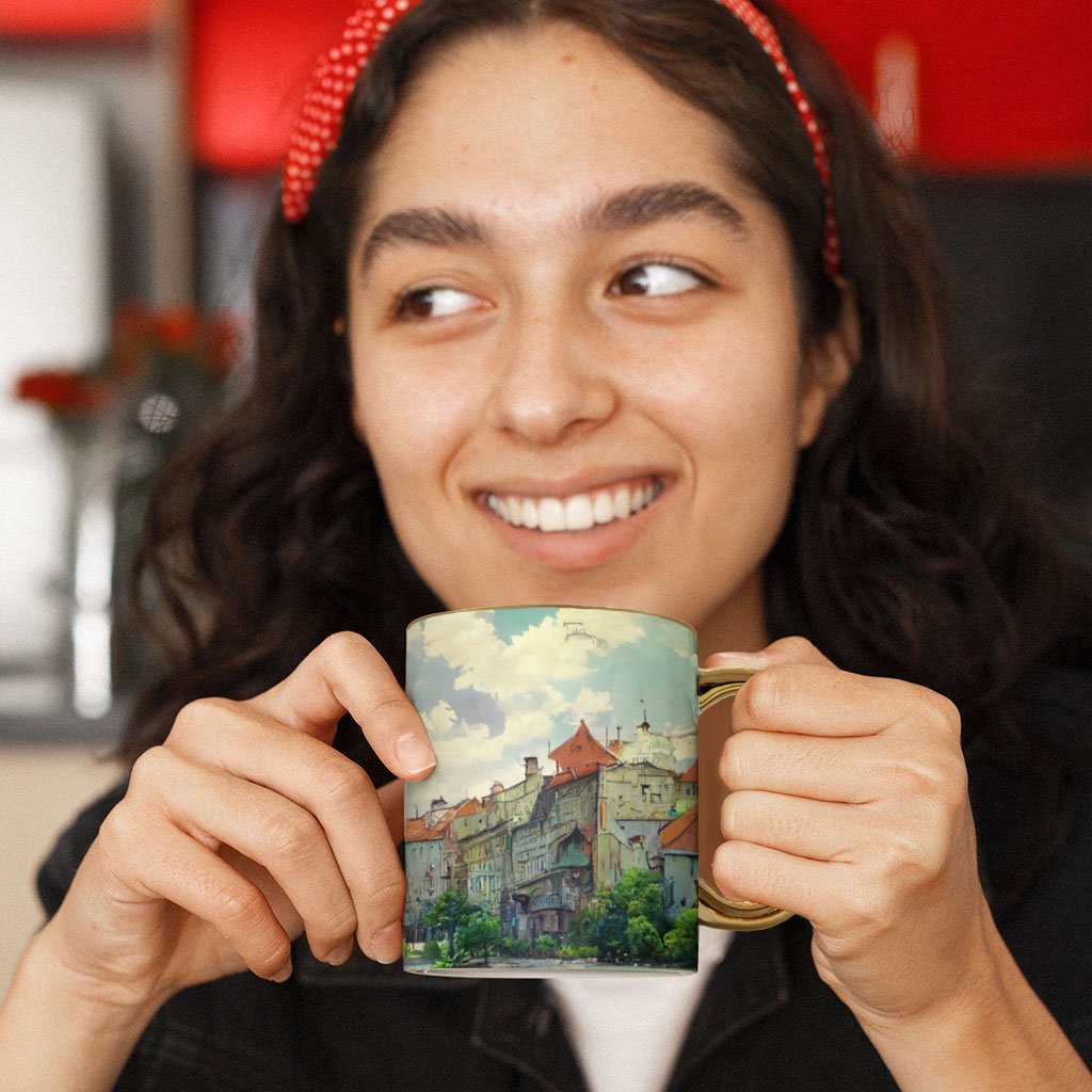City Landscape Cartoon Art Mug – Cartoon Gold Rim and Handle Mug – Anime Mug