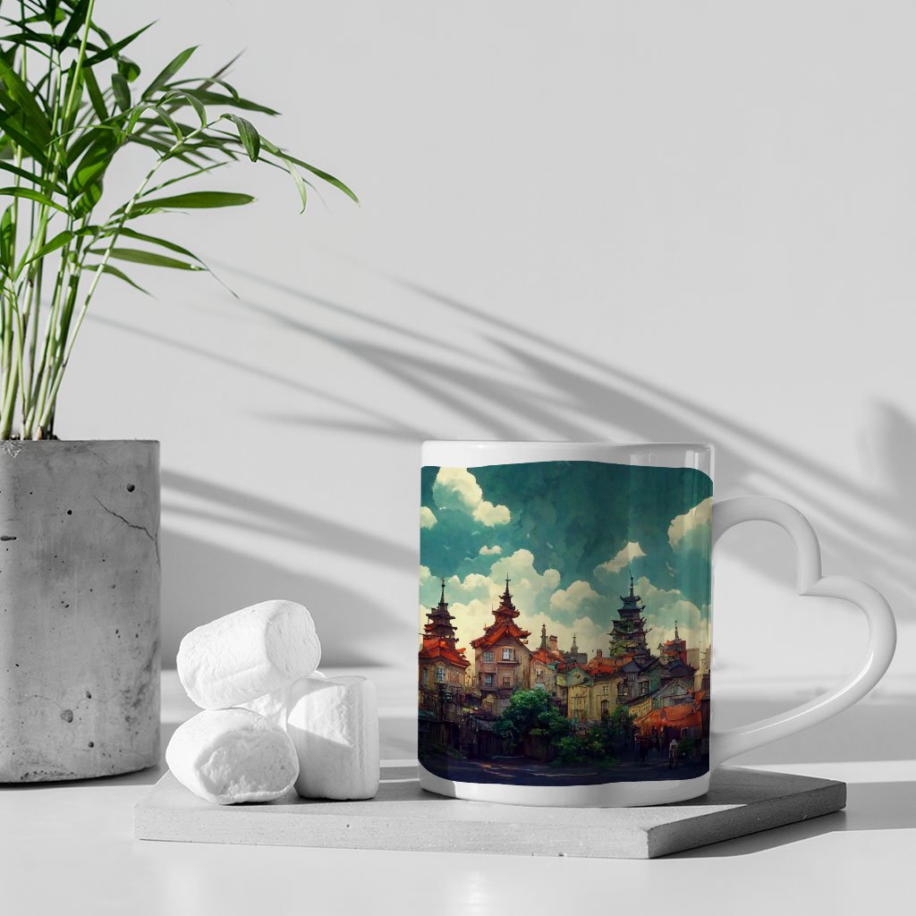 Anime City Art Mug with Heart Handle – Nature Mug – Cartoon Ceramic Mug