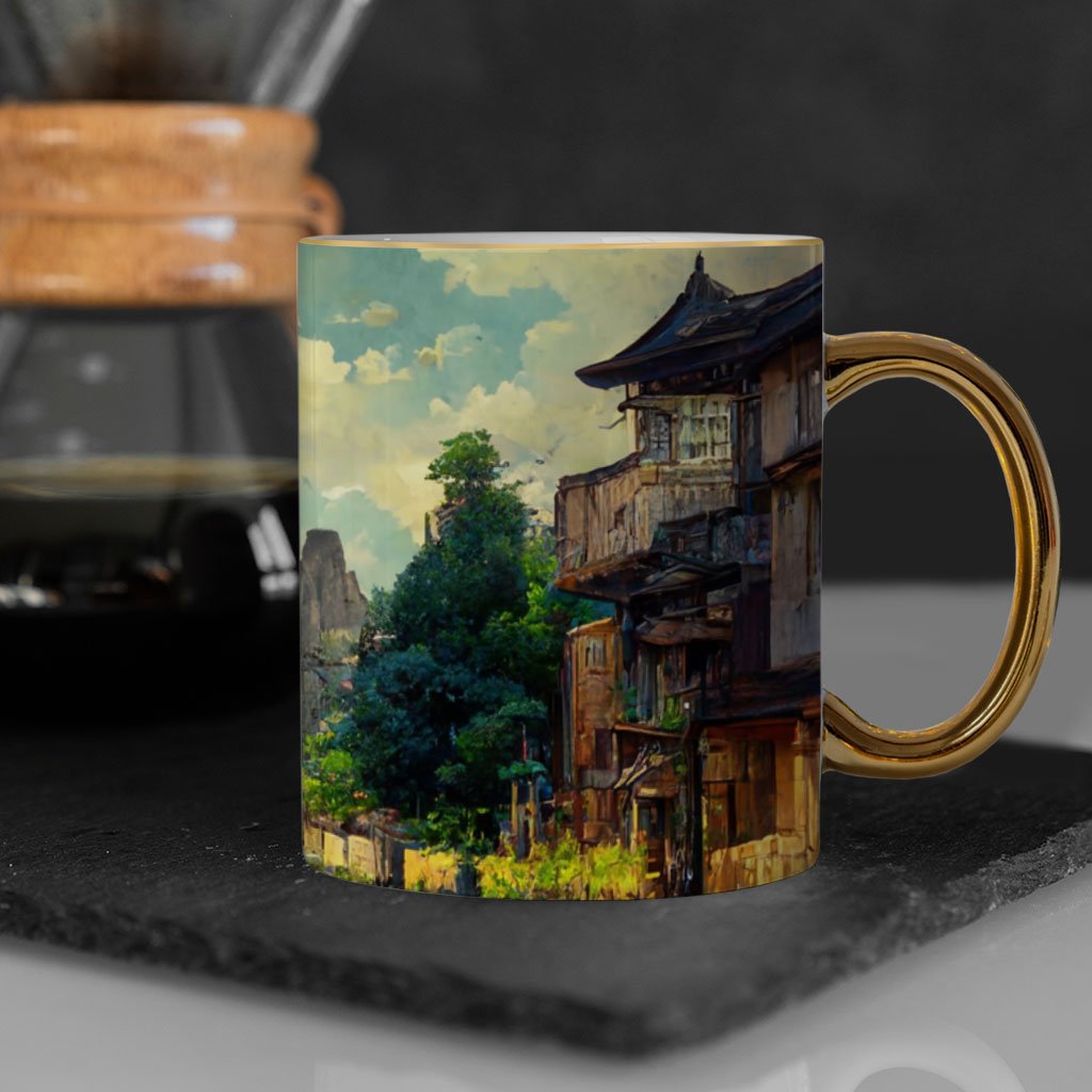 Anime City Digital Art Mug – Cartoon Gold Rim and Handle Mug – Printed Mug