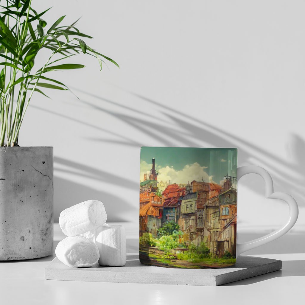 City Pop Anime Print Mug with Heart Handle – Art Mug – Printed Ceramic Mug