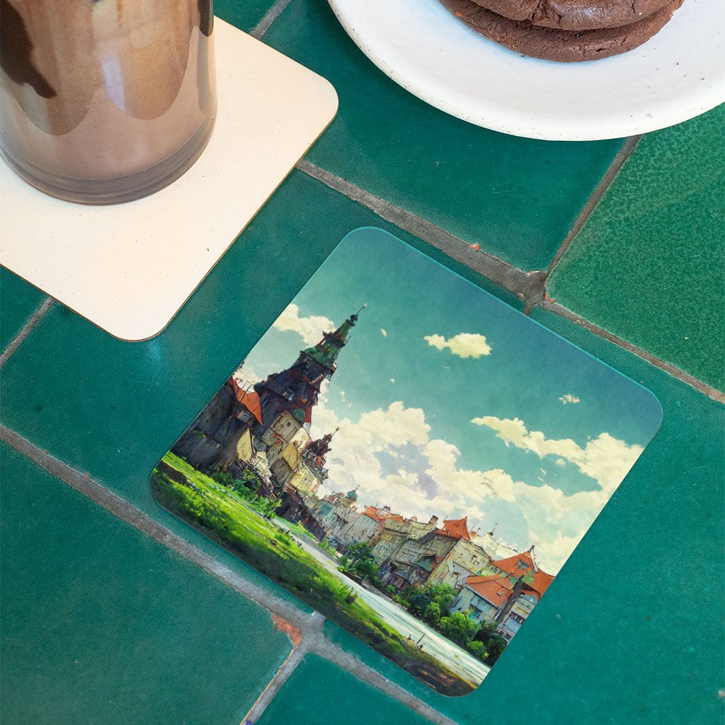 City Landscape Cartoon Art Square Coasters – Anime Coasters for Drinks