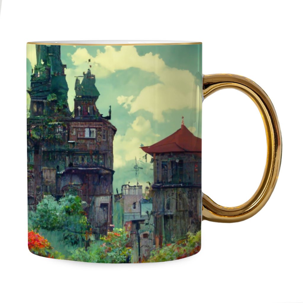 Cartoon City Art Mug – Anime Gold Rim and Handle Mug – Landscape Mug