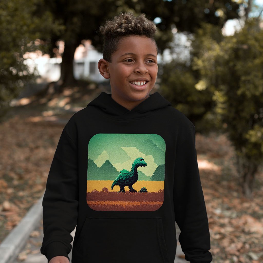 Cute Dino Kids’ Sponge Fleece Hoodie – Pixel Kids’ Hoodie | Shopamericaio