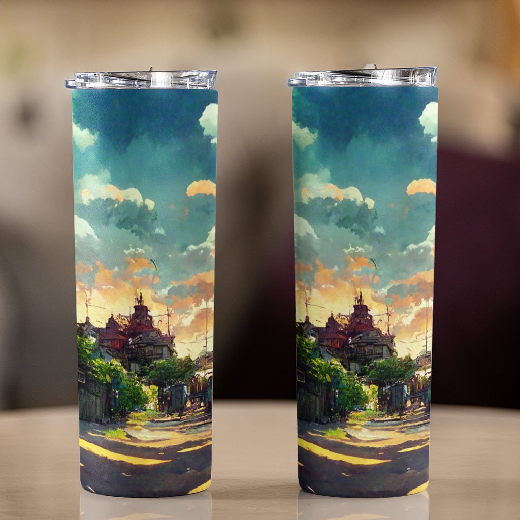Cartoon City Concept Art 20oz Skinny Tumbler – Anime Travel Mug | Shopamericaio