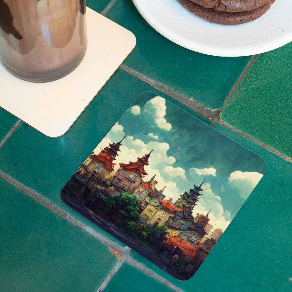 Anime City Art Square Coasters – Nature Coaster – Cartoon Coasters for Drinks