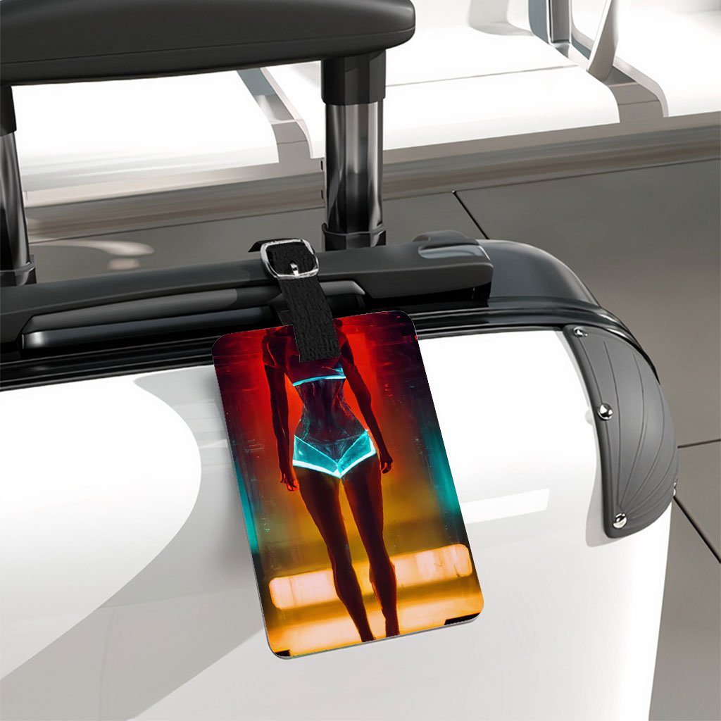 Fashion Model Woman In Neon Light Luggage – Futuristic Travel Bag – Neon Luggage