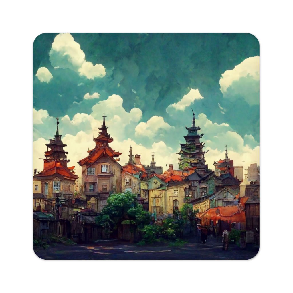 Anime City Art Square Coasters – Nature Coaster – Cartoon Coasters for Drinks