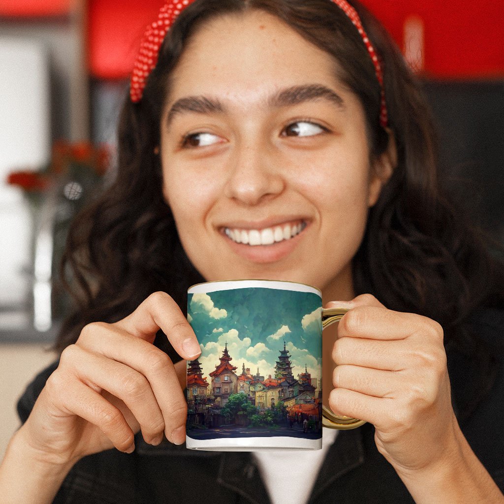 Anime City Art Mug – Nature Gold Rim and Handle Mug – Cartoon Mug