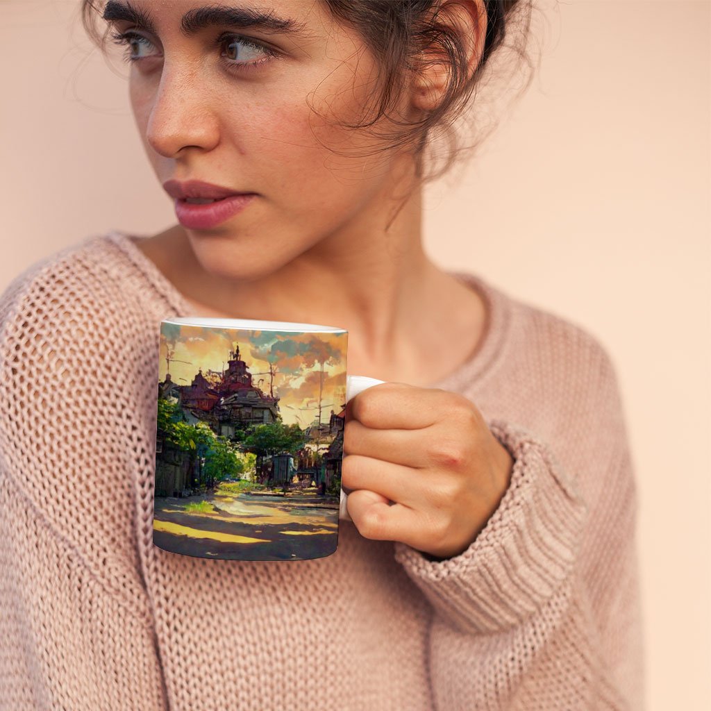 Cartoon City Concept Art Mug with Heart Handle – Anime Mug – Graphic Ceramic Mug