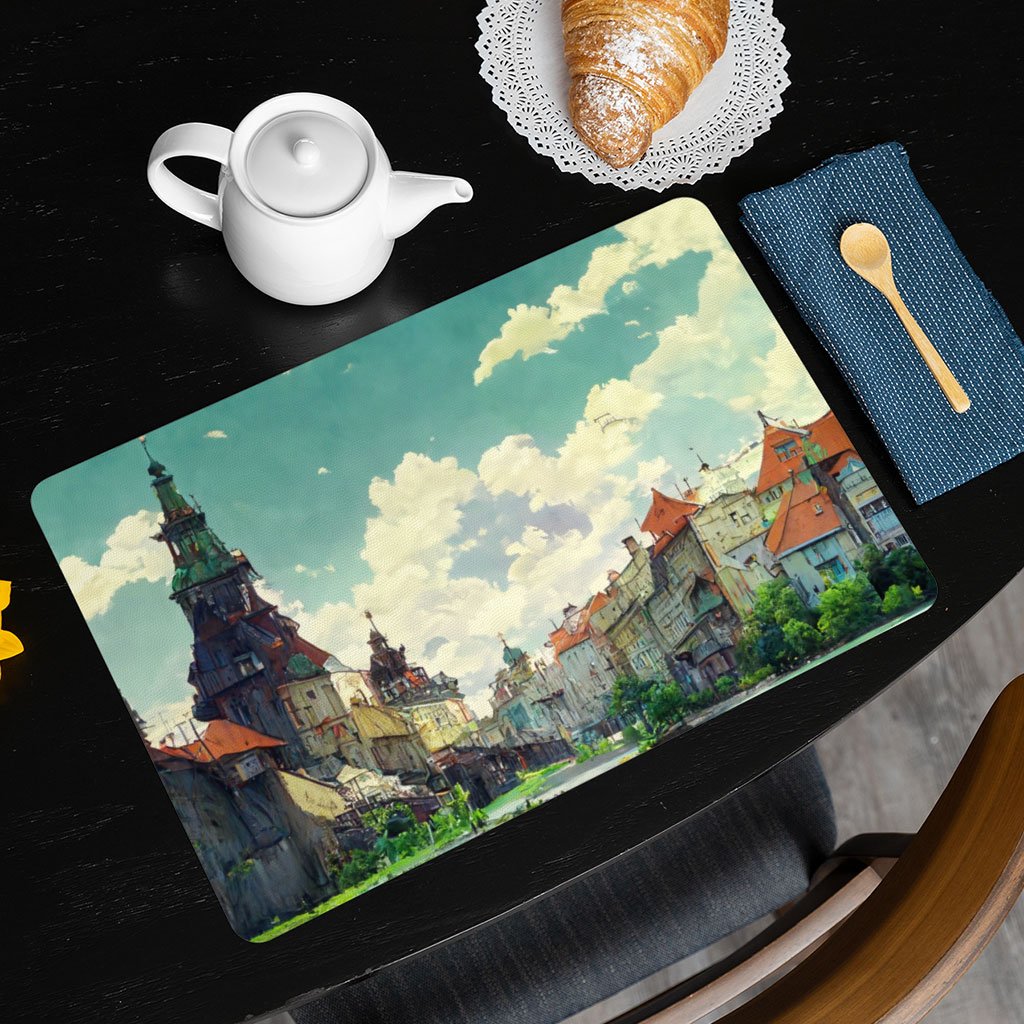 City Landscape Cartoon Art Placemats 2 PCS – Cartoon Placemats for Kitchen Table