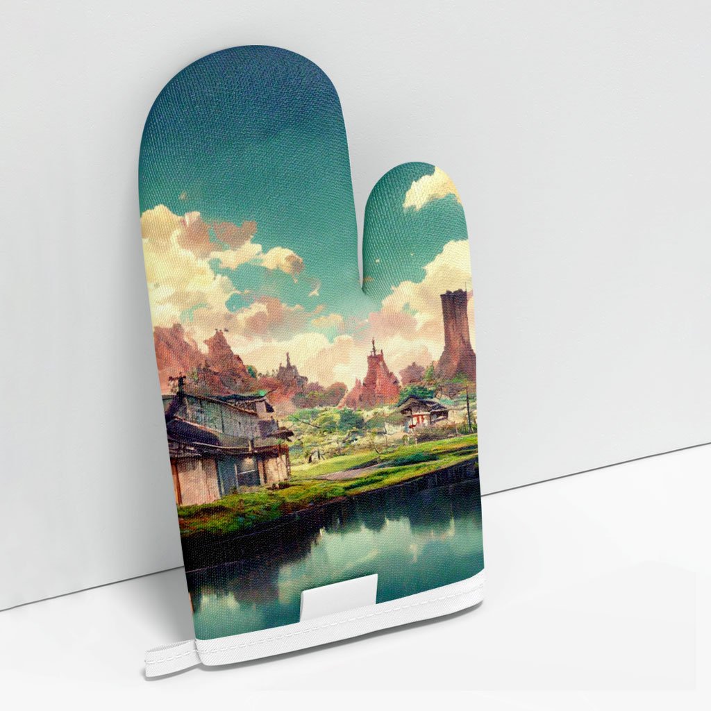 Anime City Concept Art Oven Mitt – Landscape Oven Glove – Nature Cooking Gloves
