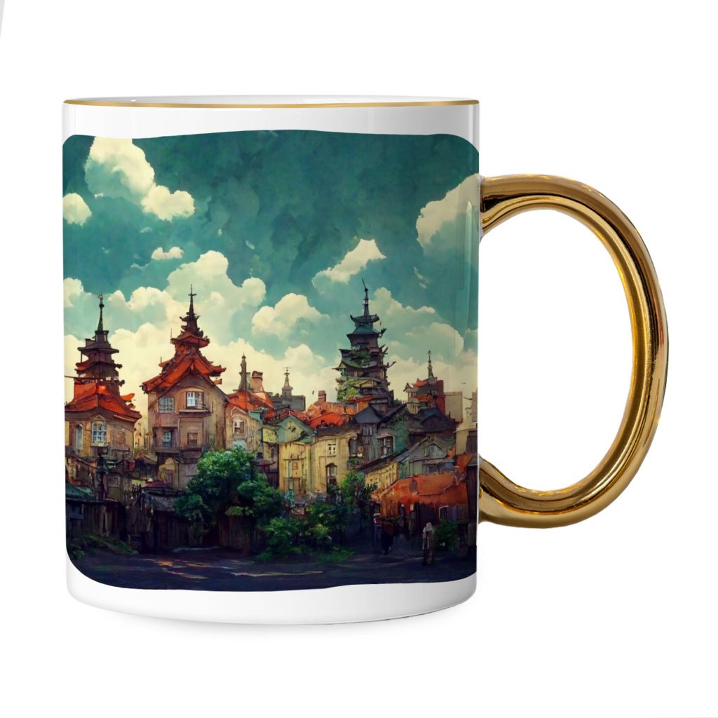 Anime City Art Mug – Nature Gold Rim and Handle Mug – Cartoon Mug