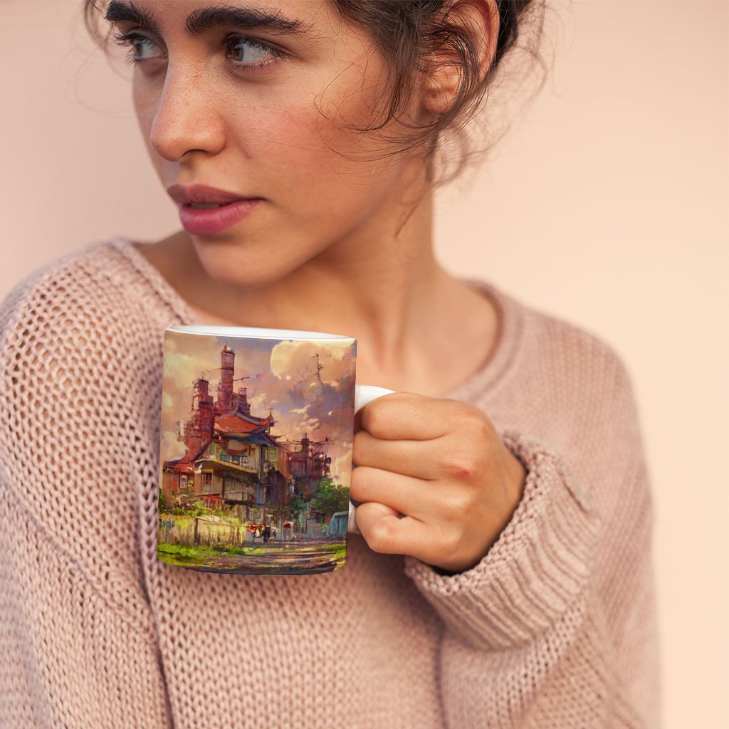 Anime City Skyline Art Mug with Heart Handle – Painting Mug | Shopamericaio