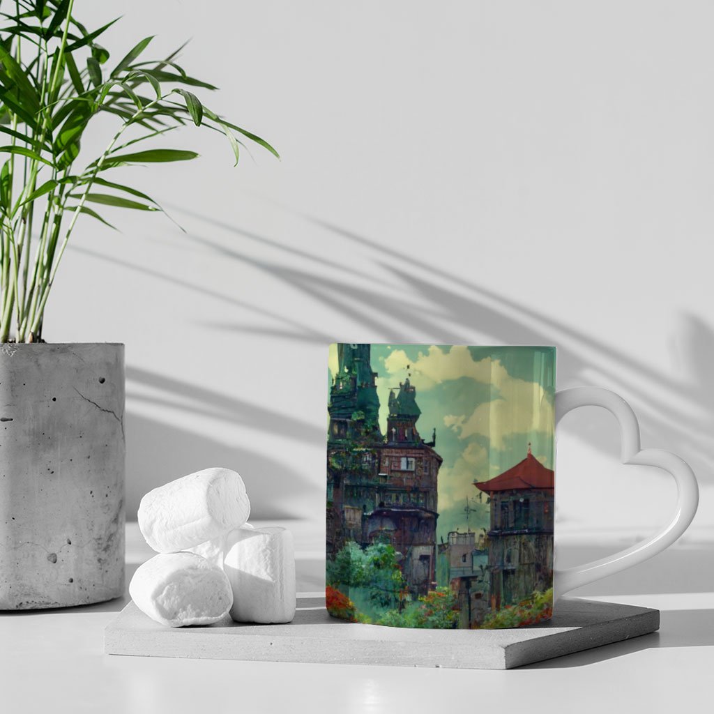 Cartoon City Art Mug with Heart Handle – Anime Mug – Landscape Ceramic Mug