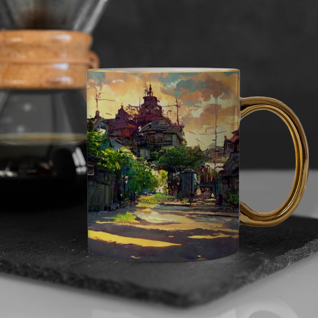 Cartoon City Concept Art Mug – Anime Gold Rim and Handle Mug – Graphic Mug