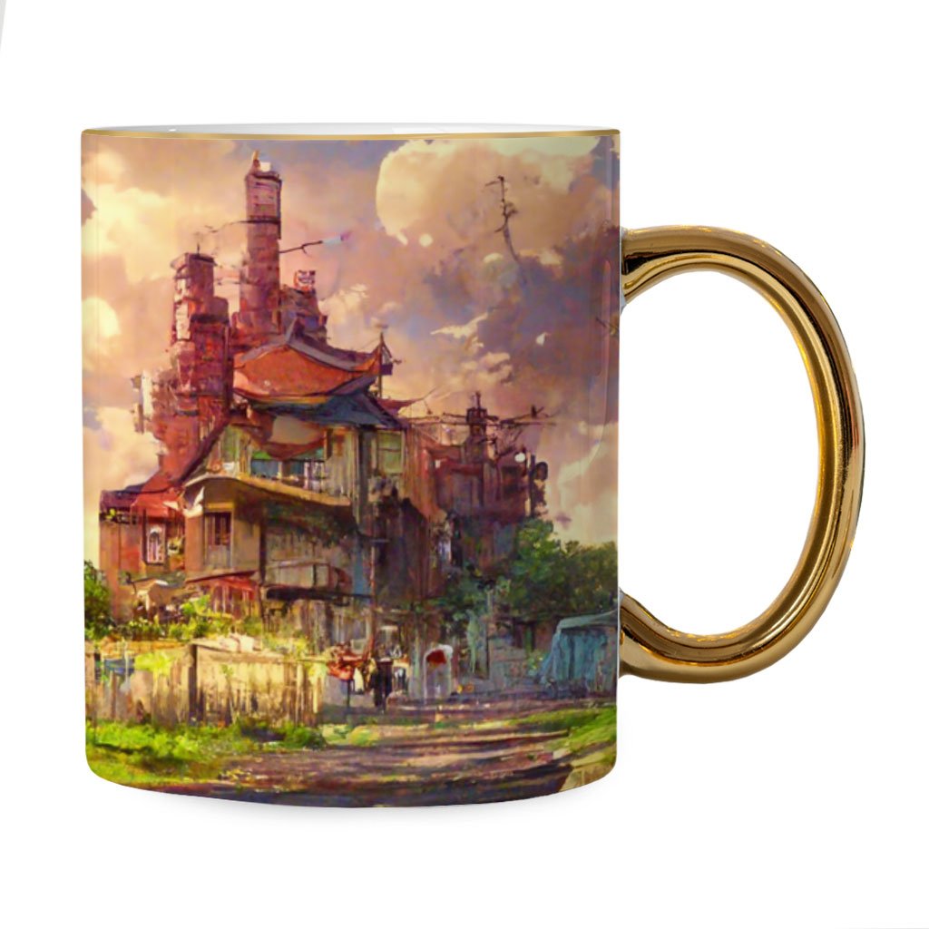 Anime City Skyline Art Mug – Painting Gold Rim and Handle Mug – Graphic Mug