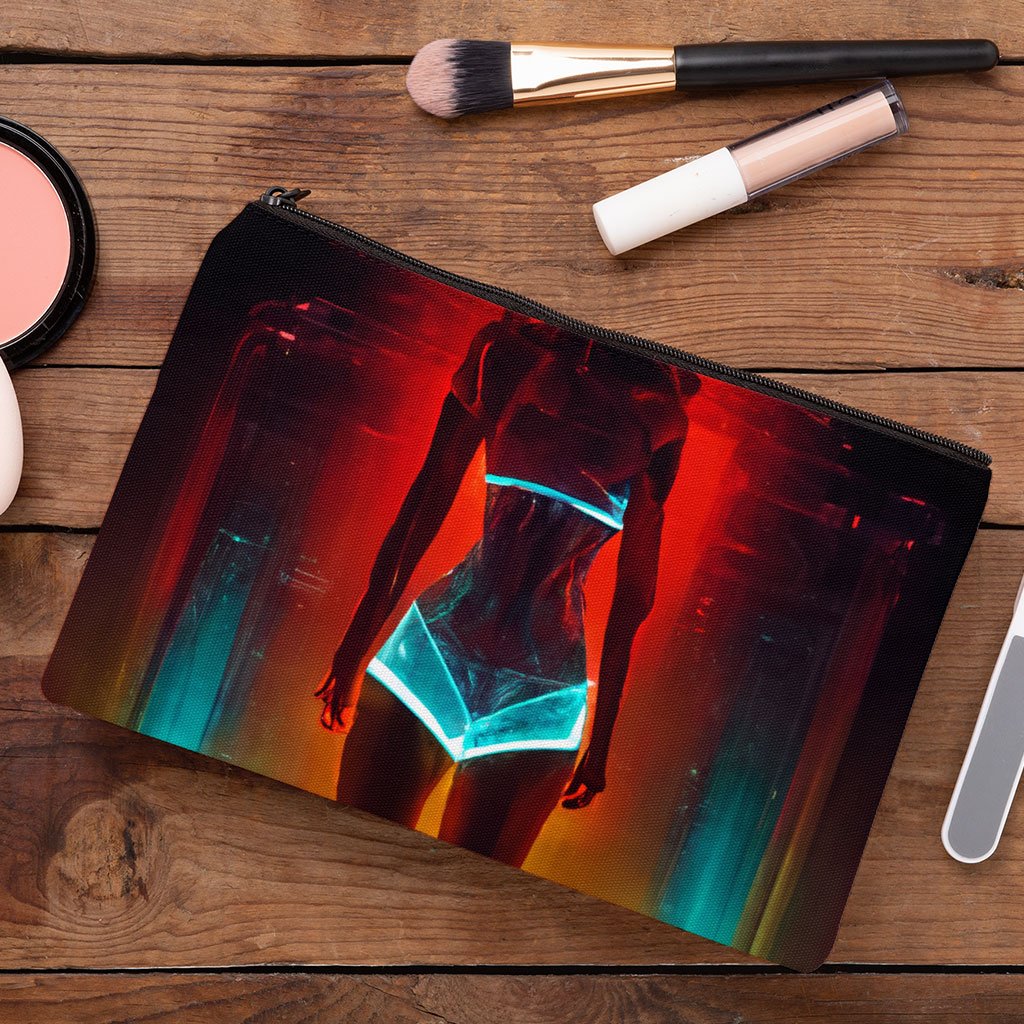 Fashion Model Woman In Neon Light Makeup Bag – Futuristic Cosmetic Bag