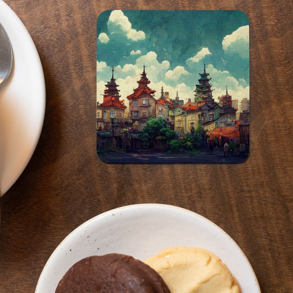 Anime City Art Square Coasters – Nature Coaster – Cartoon Coasters for Drinks