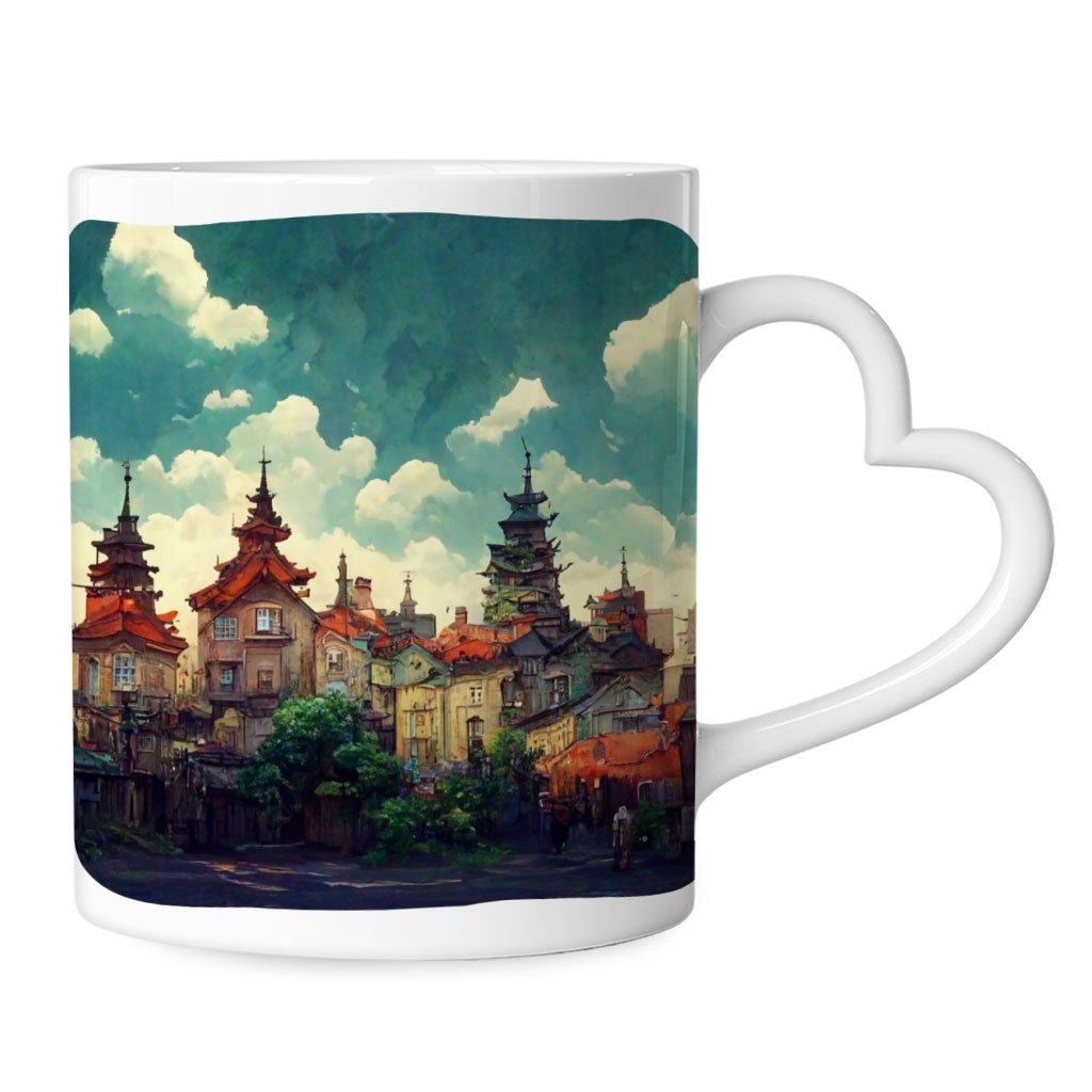 Anime City Art Mug with Heart Handle – Nature Mug – Cartoon Ceramic Mug