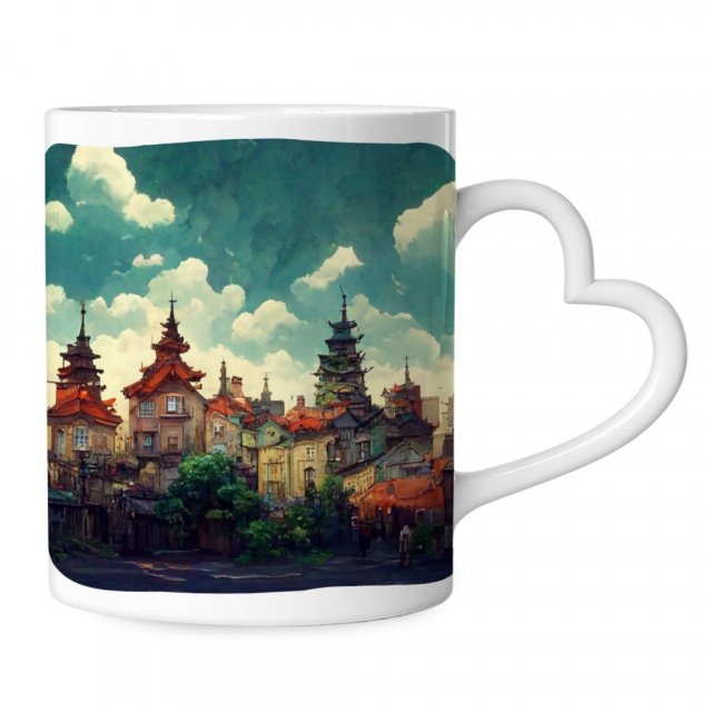 Anime City Art Mug with Heart Handle – Nature Mug – Cartoon Ceramic Mug